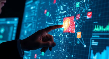 A man in a suit points to a complex digital interface with graphs, charts, and a facial recognition display.