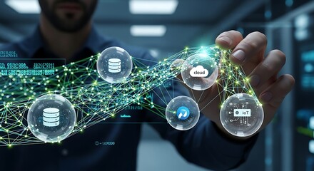 A man interacts with a digital interface, visualizing data connections and cloud computing.