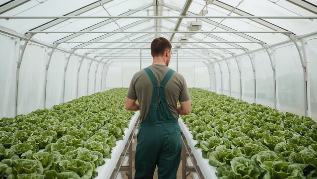 Farmer observing rows of fresh green lettuce in a hydroponic greenhouse - Powered by Adobe