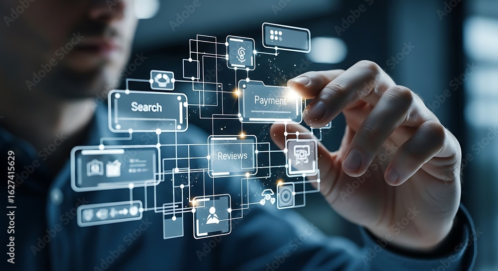 Poster a person interacting with a digital interface, selecting payment options, and exploring data.