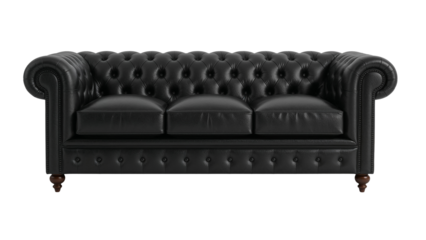 Luxurious and elegant chesterfield sofa in premium black leather on transparent setting