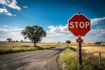 Stop Sign on Rural Road – Clear Red Octagon with Blue Sky Background and Scenic Countryside View