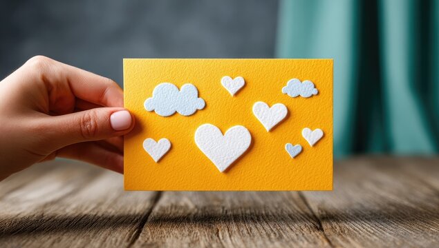 Hand holds a bright yellow card with white hearts and clouds