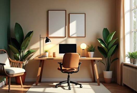 cozy home office setup complete hybrid work essentials artisan desk decorative plants productivity atmosphere cheerful vibes comfortable seating, chair