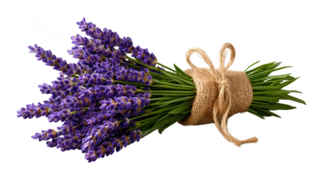A beautiful bunch of fresh purple lavender flowers tied with a burlap wrap and twine isolated on transparent background