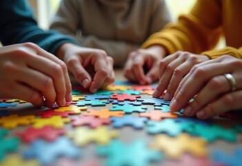 Fototapeta premium hands collaborating puzzle pieces unity teamwork connection strategy planning together community mindfulness, collaboration, effort, creativity, solution, cooperation