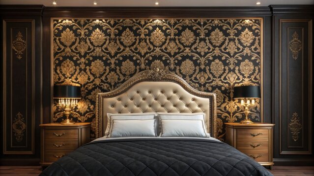 Luxurious bedroom with tufted headboard and ornate wallpaper isolated on white background