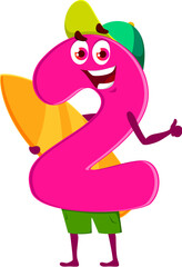 Cartoon math number or digit character on summer vacations or beach, vector personage. Funny number 2 Two with surfboard and beach hat, happy smile on face and thumb up gesture for cartoon character