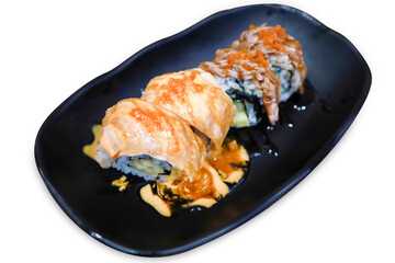 Top view of Japanese fresh salmon sushi with Japanese rice, focus selective