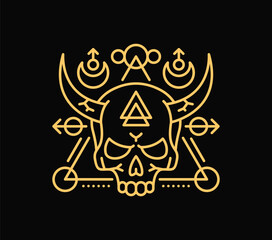 Esoteric line symbol for Tarot cards and mystic Boho tattoo, vector skull occult sign. Astrology magic symbol of skull with devil horns and celestial symbols for Tarot cards, esoteric and witchcraft