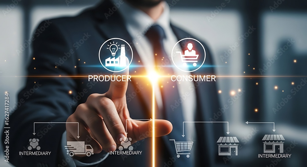 Poster businessman touching a digital screen displaying producer and consumer icons connected by a supply c