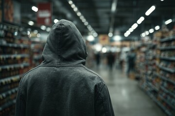 A person with a hooded sweatshirt, cunning and dexterous shoplifter is walking through a store aisle, viewed from behind. The image has a dark tone, creating a sense of mystery or solitude. 