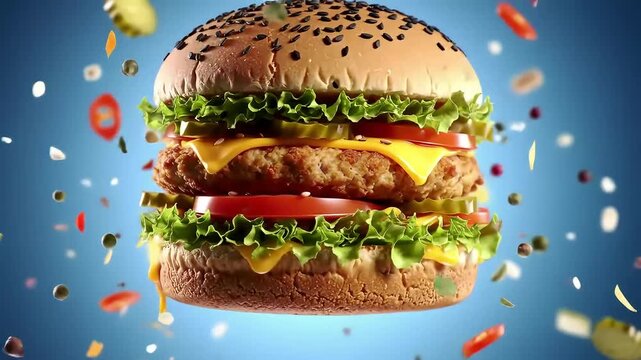 Exploding Flying Cheeseburger with Zinger Patty and Dripping Cheese in Mid-Air

