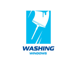 Window washing and cleaning service icon of glass scraper or squeegee, vector symbol. Domestic cleaning service for windows washing at home and office, housekeeping company blue sign or badge