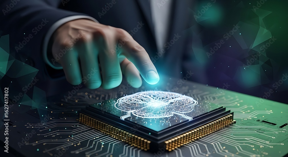 Poster a hand interacts with a holographic brain projected onto a microchip, symbolizing artificial intelli