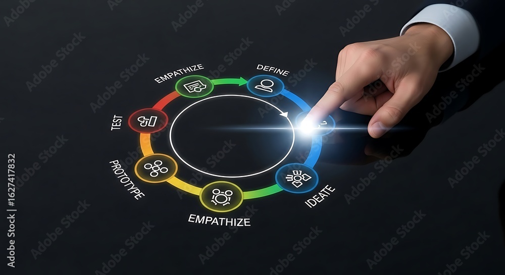 Poster a hand interacts with a circular process diagram, highlighting key stages of a project or strategy.