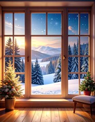 Cozy winter scene through a window