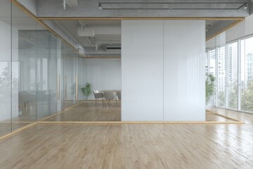 Modern, bright open-plan office with glass partitions