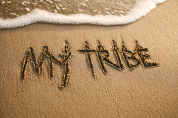 Fototapeta premium My Tribe in Wet Sand with Minimalist One-Line People Holding Hands Illustration Near Shoreline – Horizontal Format for Family, Friendship, and Team Posters