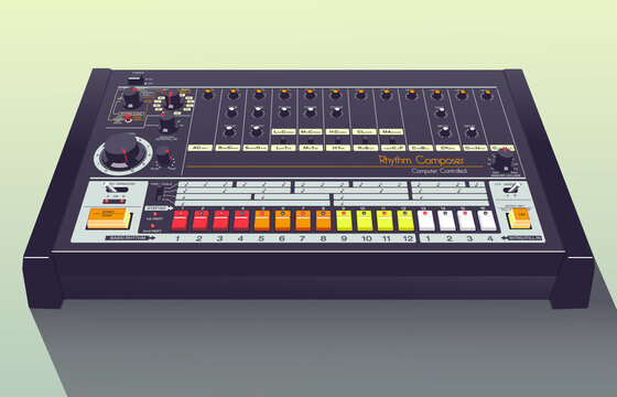 Realistic 3D illustration of the classic Roland TR-808 Rhythm Composer drum machine	