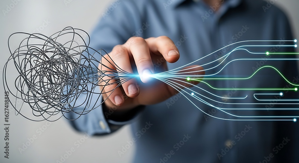 Aufkleber a hand transforms a chaotic tangle into organized lines, representing problem-solving and simplifica