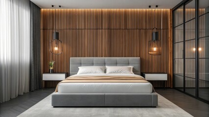 Modern bedroom with wood slat wall and pendant lights isolated on white background