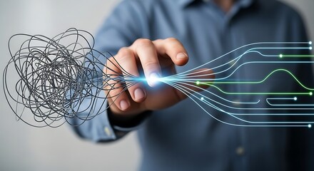 A hand transforms a chaotic tangle into organized lines, representing problem-solving and simplification.