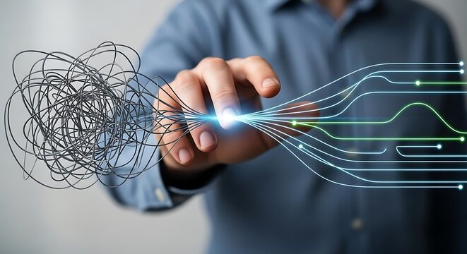 A hand transforms a chaotic tangle into organized lines, representing problem-solving and simplification.