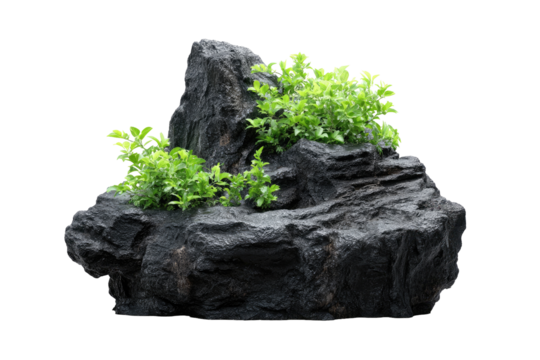 Dark gray rock formations with small green plants
