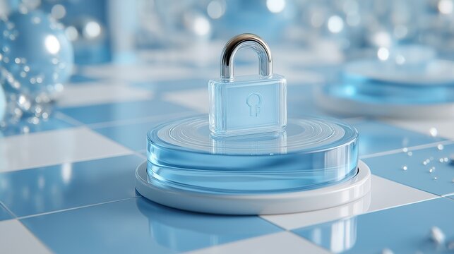 A locked podium on a glass platform with a checkered background and water droplets, 3D rendering illustration of security protection in white and blue theme