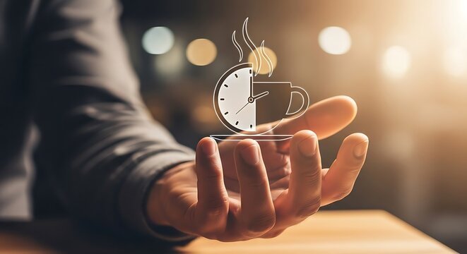 A person's hand holding a conceptual illustration of a coffee cup and clock. - Powered by Adobe