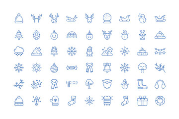Vector art of collection of winter holiday icons including hats, reindeer, snowmen, trees, snowflakes, and gifts, isolated on white background