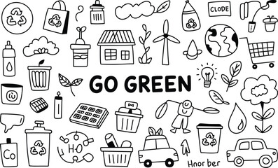 Doodle-style eco-friendly illustration promoting recycling, sustainability, clean energy, and conscious consumer lifestyle for environmental awareness and green action.