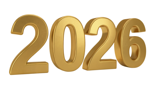 Celebrate achievements and future success with stunning golden 2026 numerals isolated on transparent background