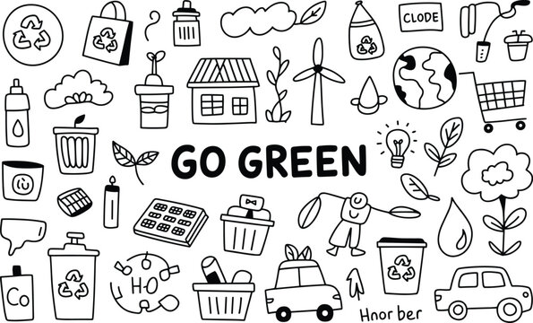 Doodle-style eco-friendly illustration promoting recycling, sustainability, clean energy, and conscious consumer lifestyle for environmental awareness and green action.