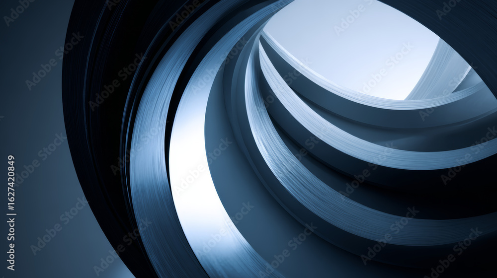 Poster abstract architectural spiral staircase with smooth curved lines and soft blue lighting creating mod