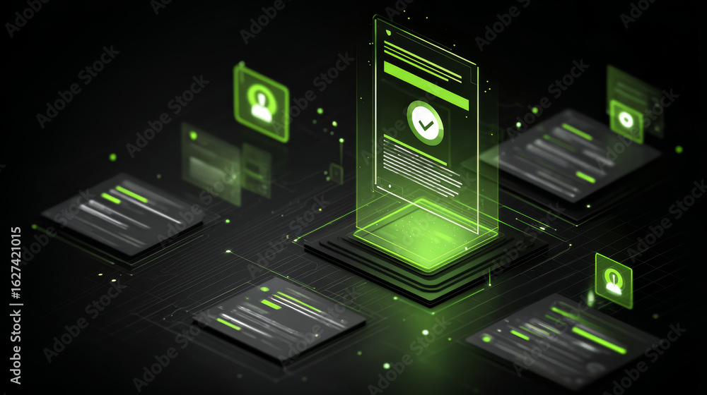 Aufkleber digital security concept with glowing green holographic interface and data protection icons on dark 