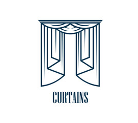 Curtains icon for opera theater or concert hall and musical show, vector line symbol. Curtain with drape folds in outline icon for theater, opera theatrical play, variety show and textile design salon