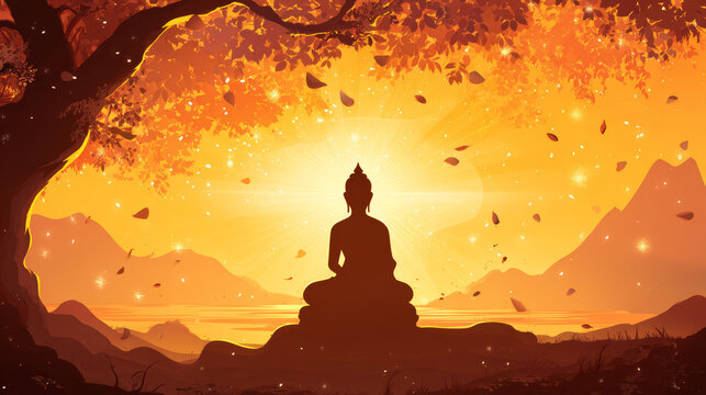 Buddha meditating under glowing bodhi tree with golden sunlight and falling leaves creating peaceful spiritual atmosphere