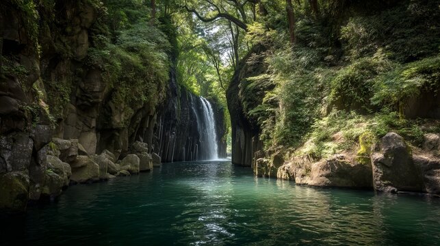 Scenic manai falls cascading into emerald river at takachiho gorge in miyazaki japan