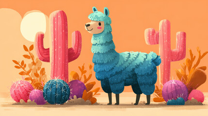 Obraz premium Whimsical desert scene with friendly blue llama standing among colorful pink and blue cacti under warm orange sky