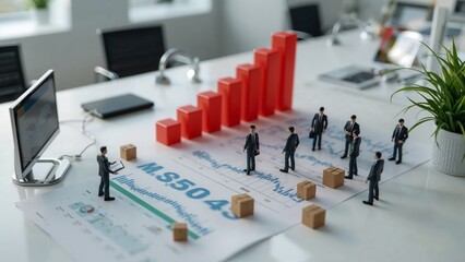 Miniature businessmen reviewing financial growth data and logistics on an office desk