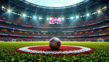 Soccer ball field stadium with lights sports arena green grass audience stands large screen display soccer game preparation bright floodlights red