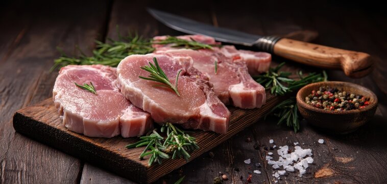 The succulent pork chops marinated with herbs and spices ready for cooking.