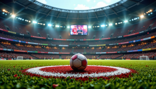 Soccer ball field stadium with lights sports arena green grass audience stands large screen display soccer game preparation bright floodlights red