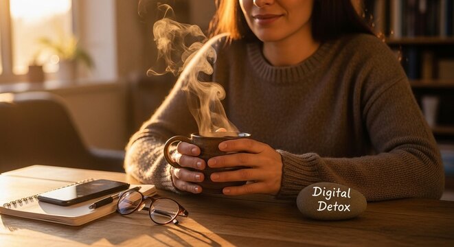 Woman enjoying a digital detox at home, sipping hot coffee while disconnecting from technology and focusing on mindfulness, creating a serene and peaceful atmosphere for relaxation and wellbeing.