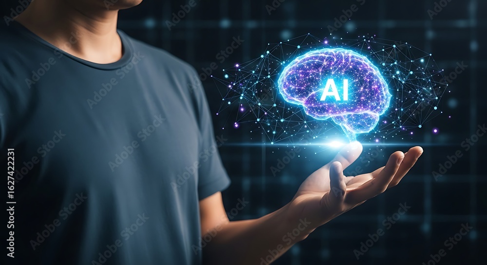 Poster a man holds a glowing digital brain with the letters 