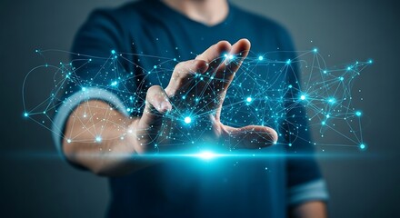 Man reaching towards a glowing network of interconnected nodes and lines, symbolizing technology and connection.