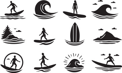 Dynamic surfers catch waves in stylized beach and mountain scenes