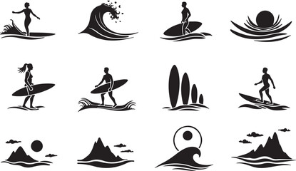 Dynamic surf silhouettes capture ocean adventure and coastal lifestyle vibes